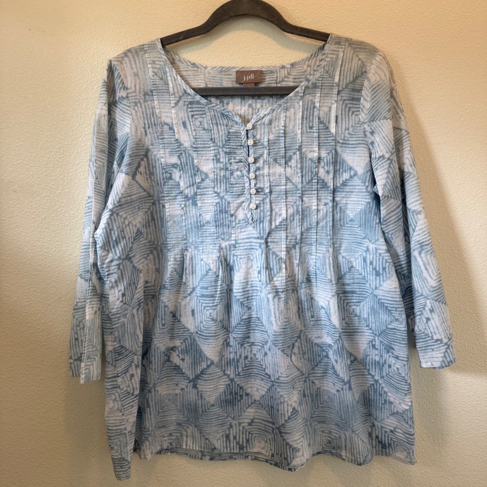 J. Jill Blue White Abstract Geo Print Pintuck 3/4 Sleeve Cotton Popover Top XS‎ - Picture 2 of 10
